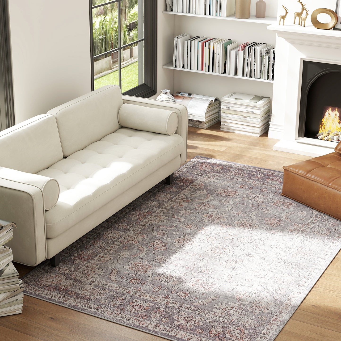 Machine Washable Non-Slip Area Rug 5x7 - Grey and Brown Floral