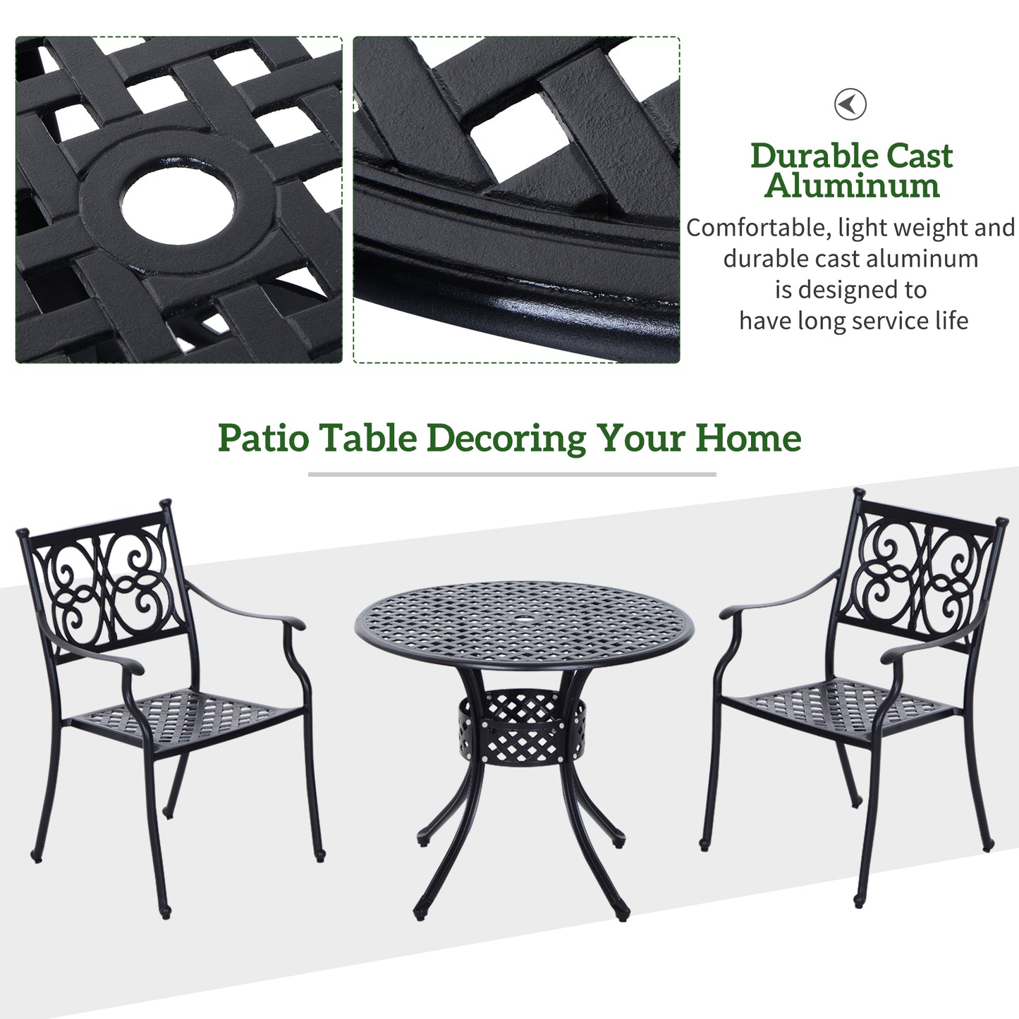 33" Round Cast Aluminum Patio Dining Table with Umbrella Hole - Black