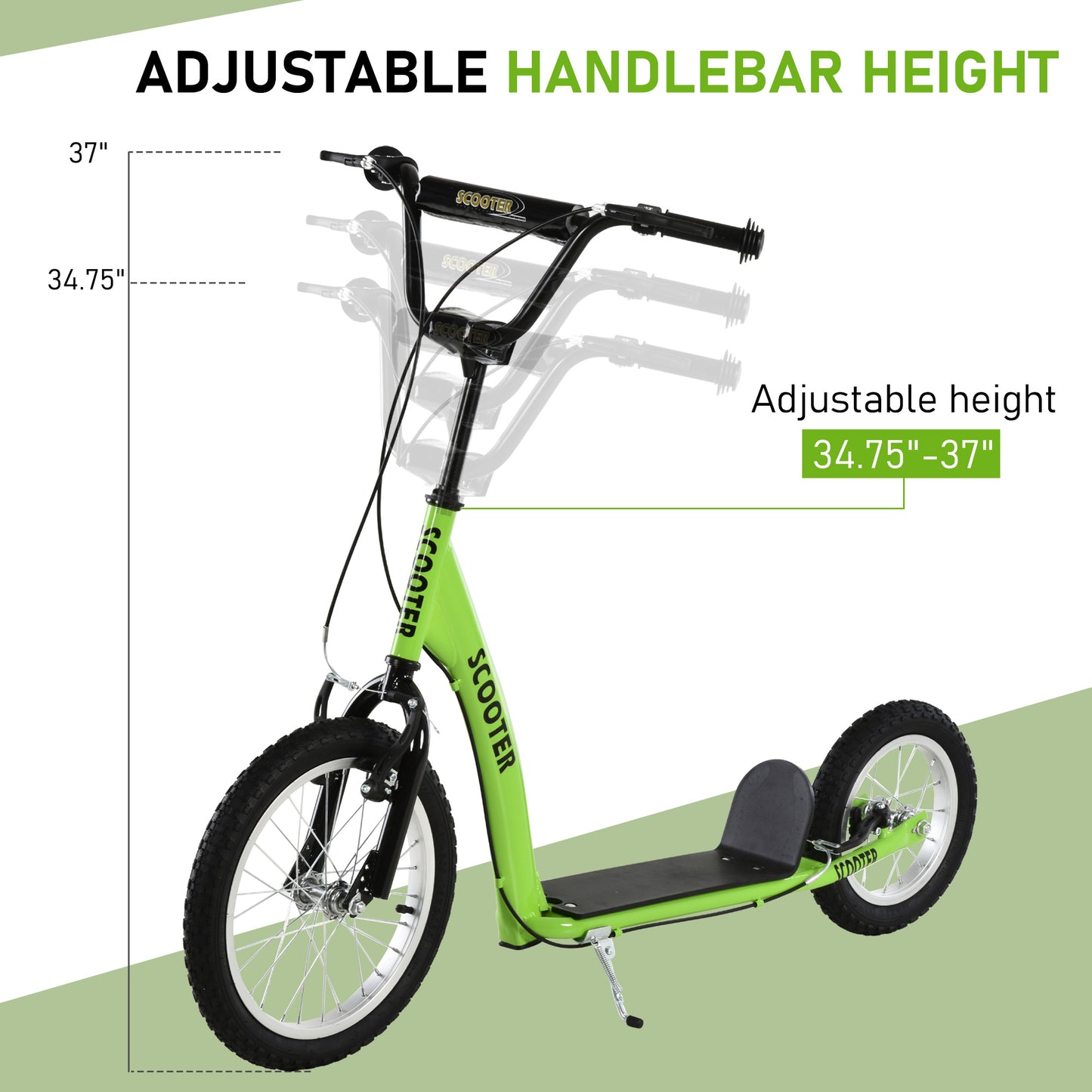 Youth Scooter with Adjustable Handlebar, Dual Brakes & Inflatable Wheels - Green