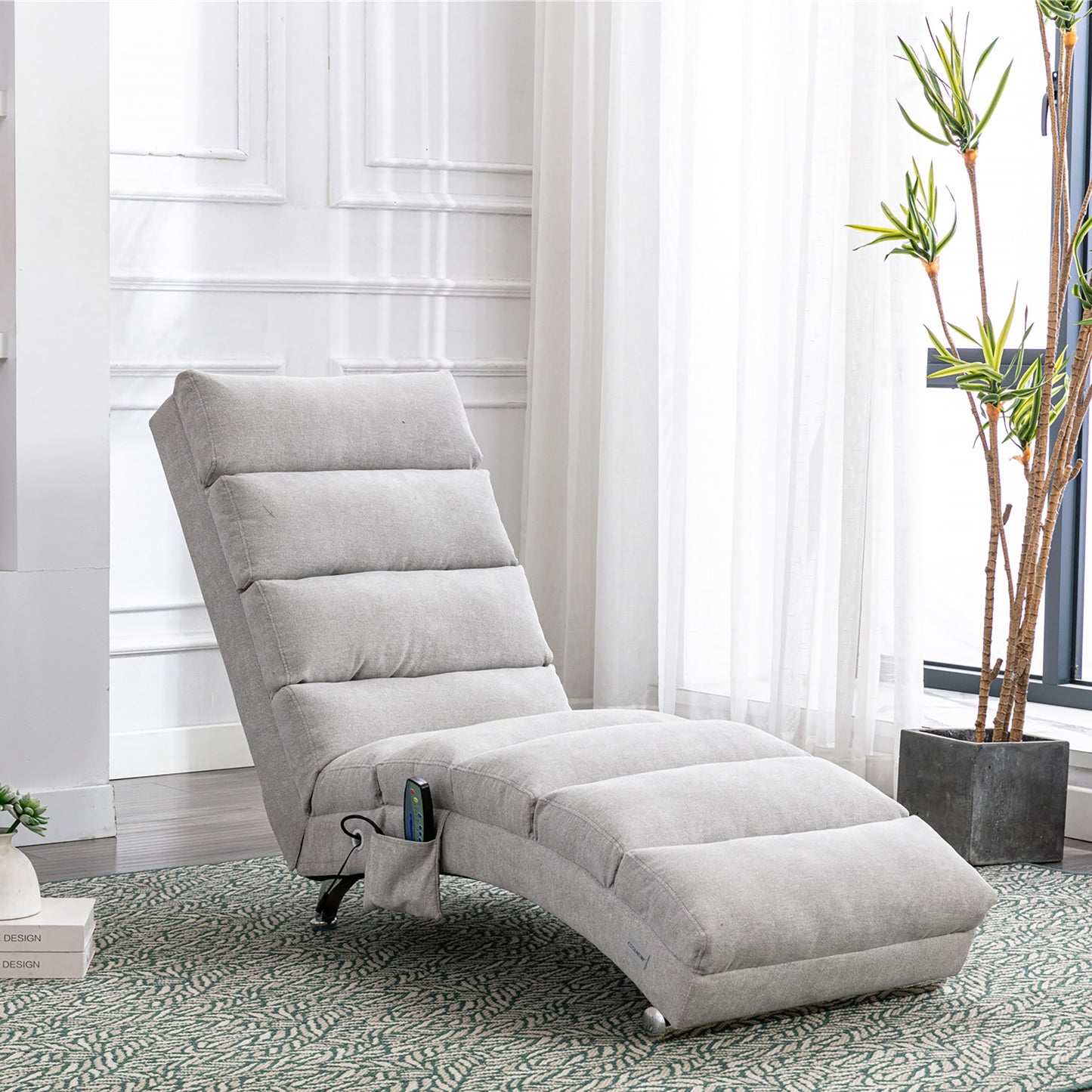 Luxury Upholstered Chaise Lounge Chair with Vibration - Light Grey