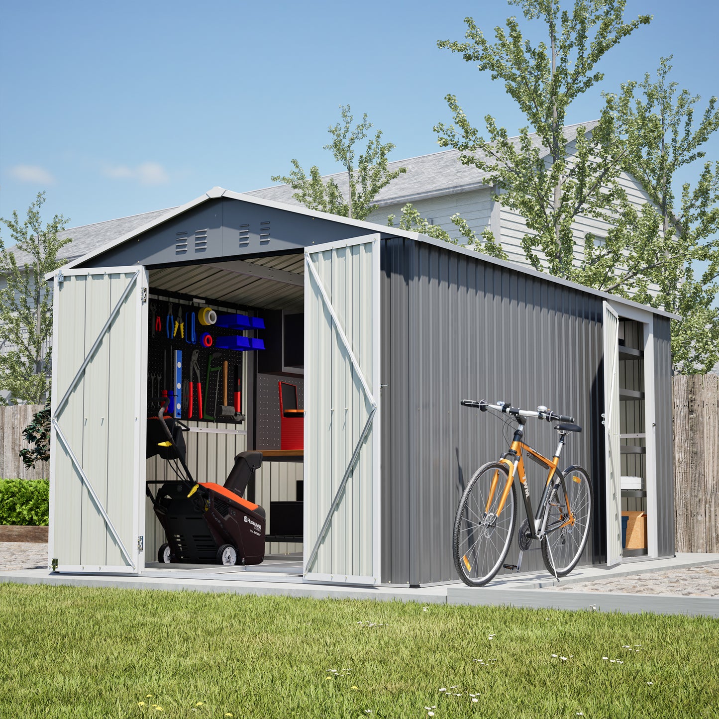 8x12 FT Metal Storage Shed with Side Door - Grey Outdoor Tool Shed
