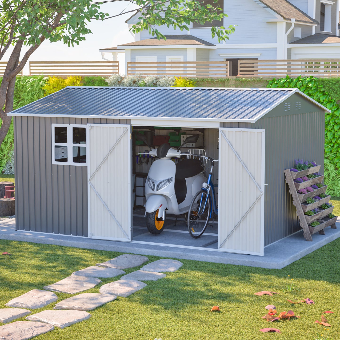 12x10 FT Heavy Duty Metal Outdoor Storage Shed - Grey