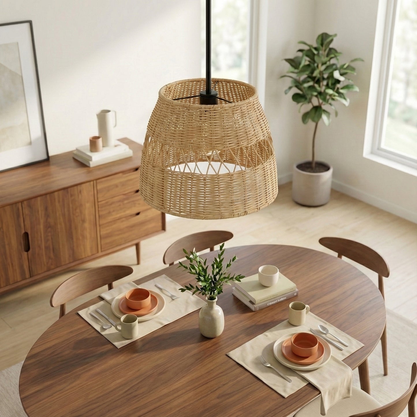 Single Lights Pendant With Rattan Shade Black Metal Finish For