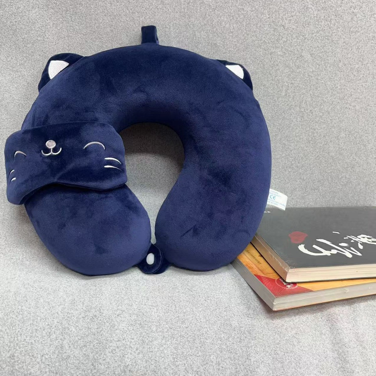 Cute Cat Memory Foam U-Shaped Neck Pillow with Attached Eye Mask - Travel & Nap Support