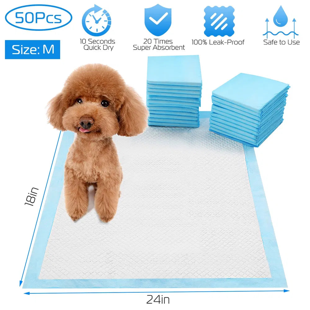 Pet Training Pads 50-Pack, Leak-Proof Puppy & Kitten Potty Mats 24x18 Inches