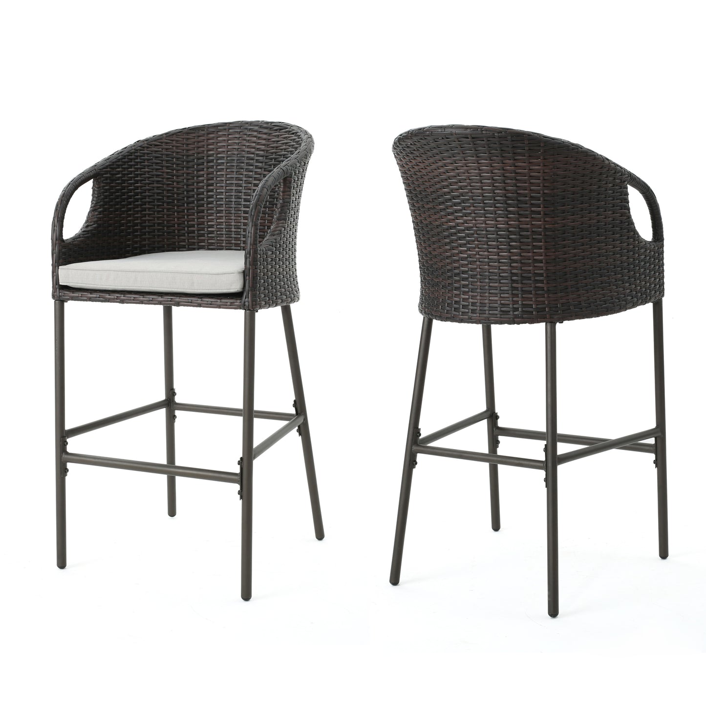 Outdoor 31 PE Rattan Barstools With Waterproof Cushions, Set Of 2,