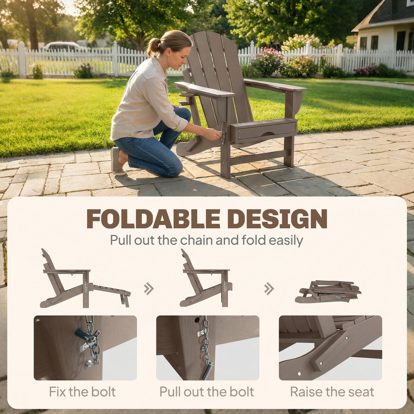 Folding Adirondack Chair Set of 2 - HDPE with Ottoman & Cup Holder, Brown