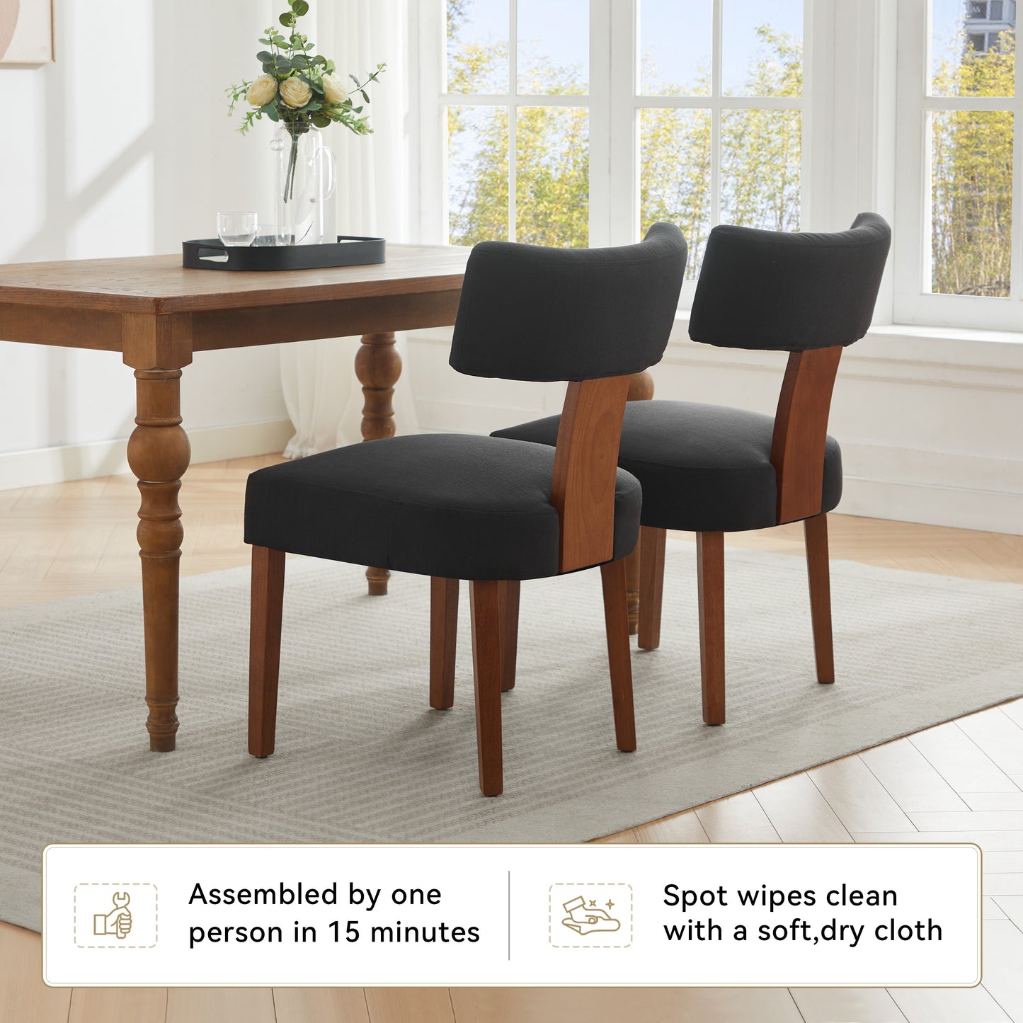 Modern Linen Fabric Dining Chairs - Set of 2, Black