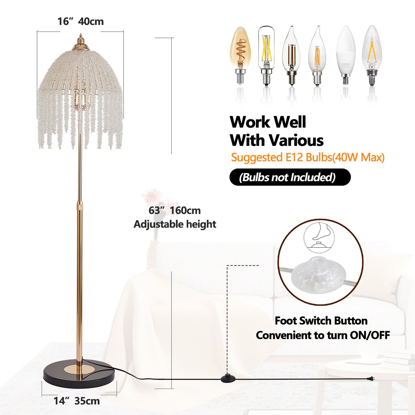 3-Light Crystal Floor Lamp - Vintage Waterfall Design, Gold