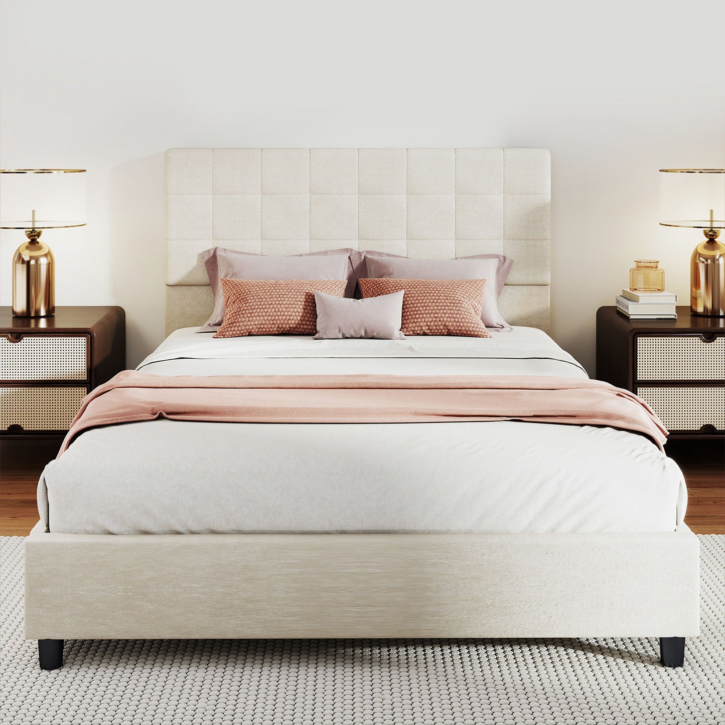 Bed Frame Upholstered Vertical Channel Headboard With 4 Storage