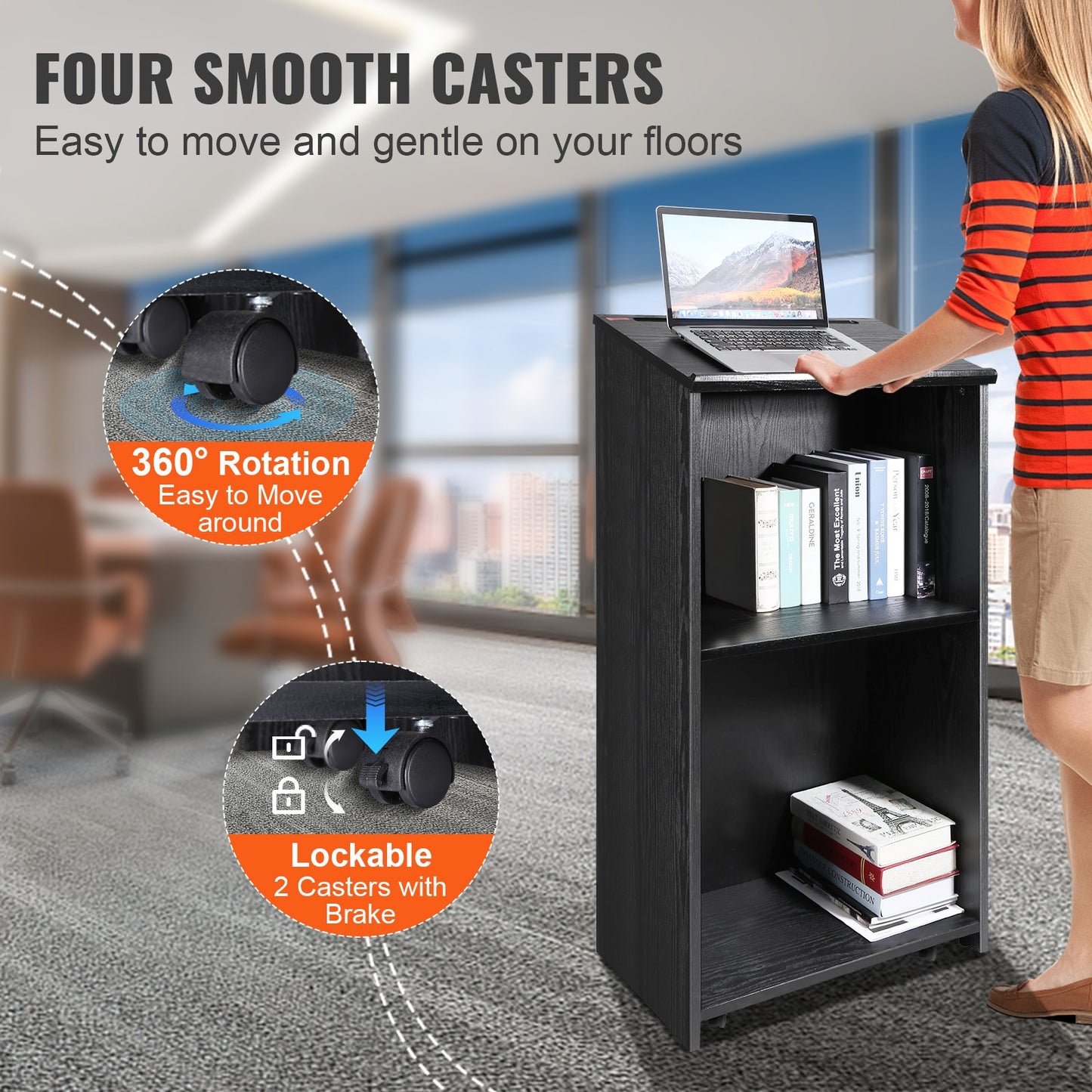 47-Inch Wood Podium Stand with Storage Shelves and Wheels - Black