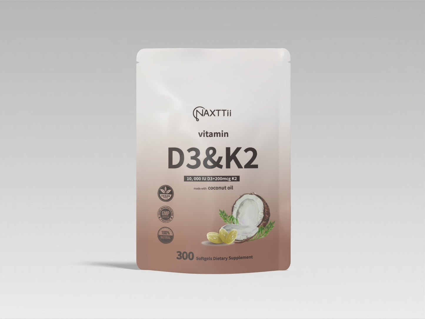 Vitamin D3 + K2 Softgels with Coconut Oil - 300 Capsules for Bone & Heart