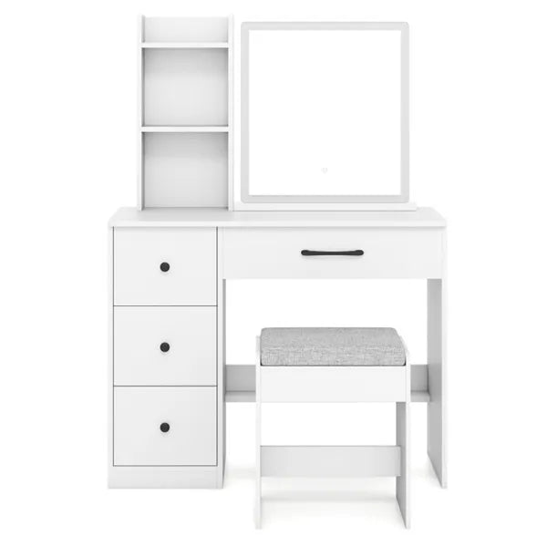 White Vanity Desk and Stool Set with LED Light Strip and Mirror