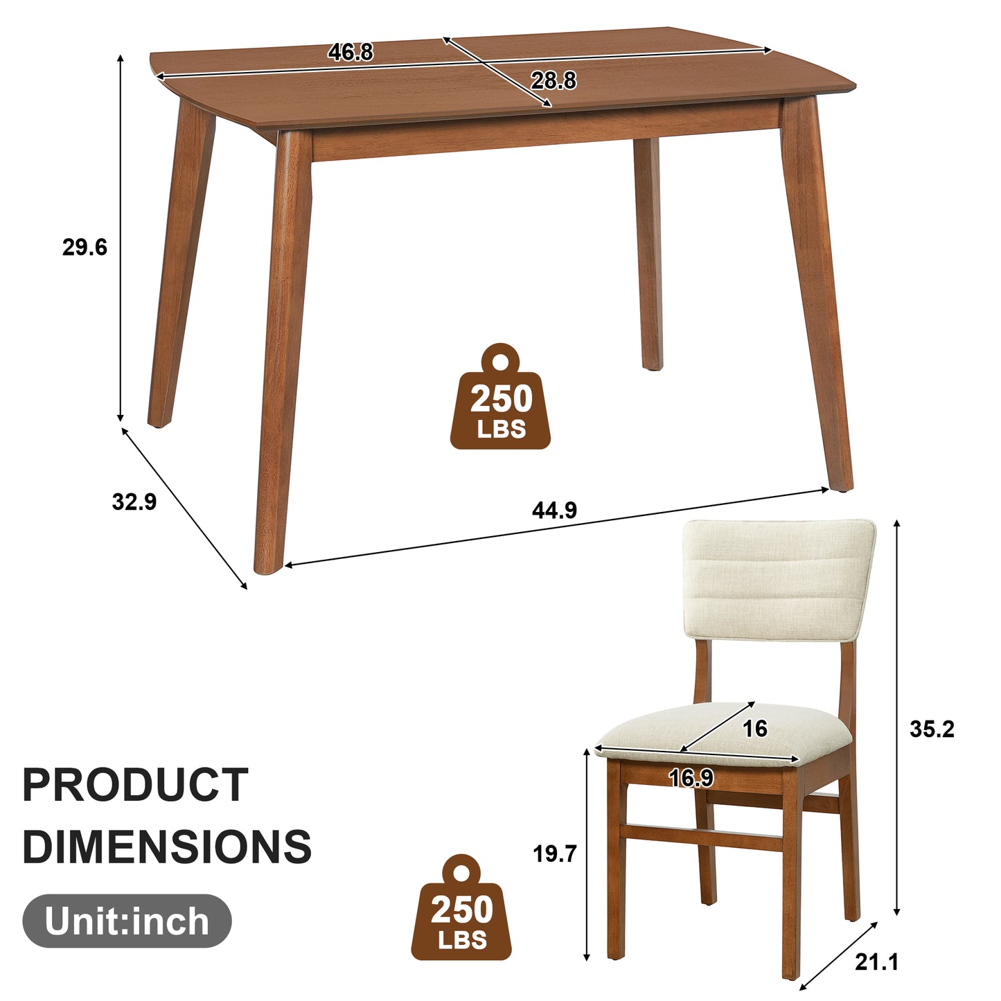Farmhouse Dining Table Set for 4 with Upholstered Chairs - Brown & Beige