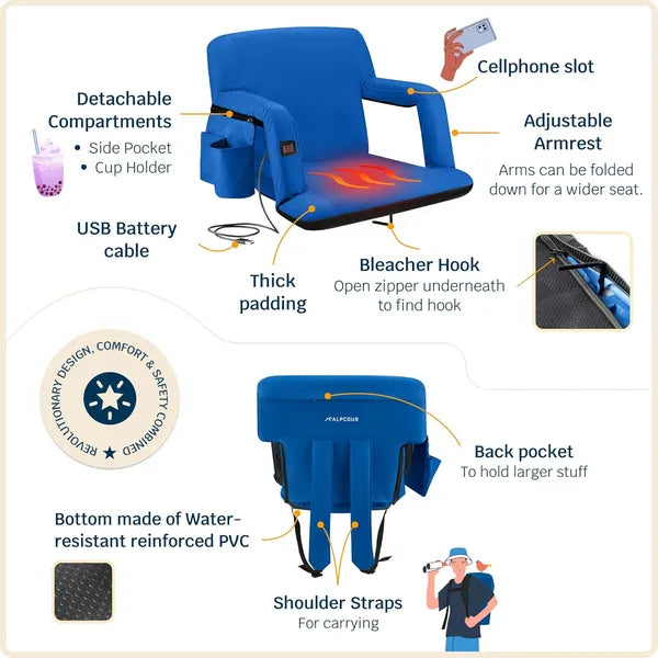 Heated Reclining Stadium Seat with Back Support - Royal Blue, 21" Wide