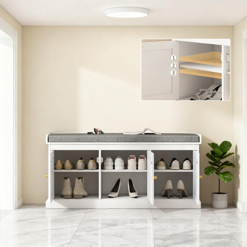 Shoe Storage Bench with Woven Rattan Doors & Cushion - Gray White