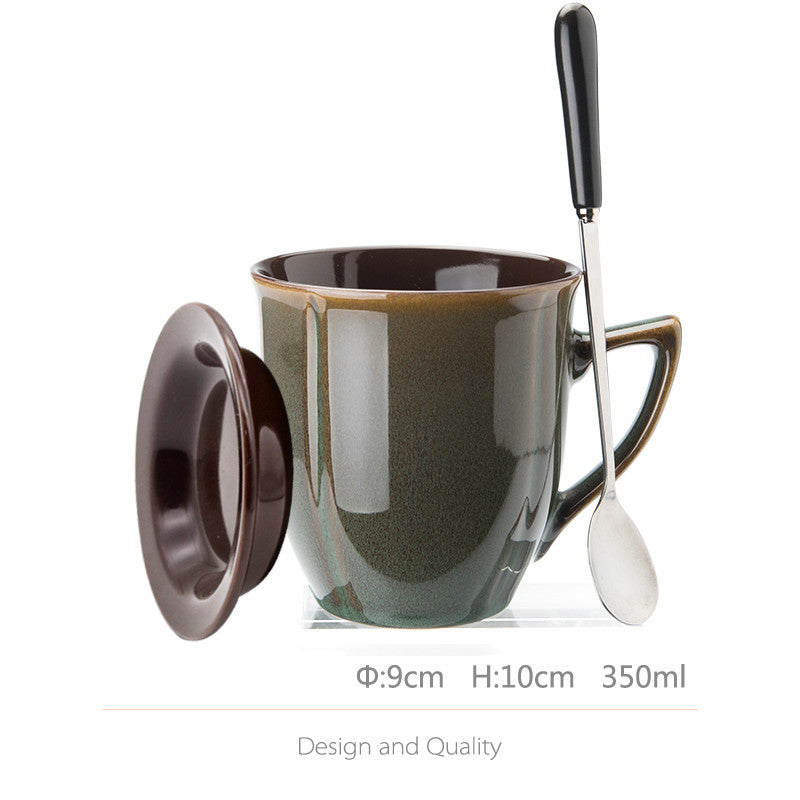 Large Capacity Ceramic Cup with Lid and Spoon - Retro Kitchen Accessory