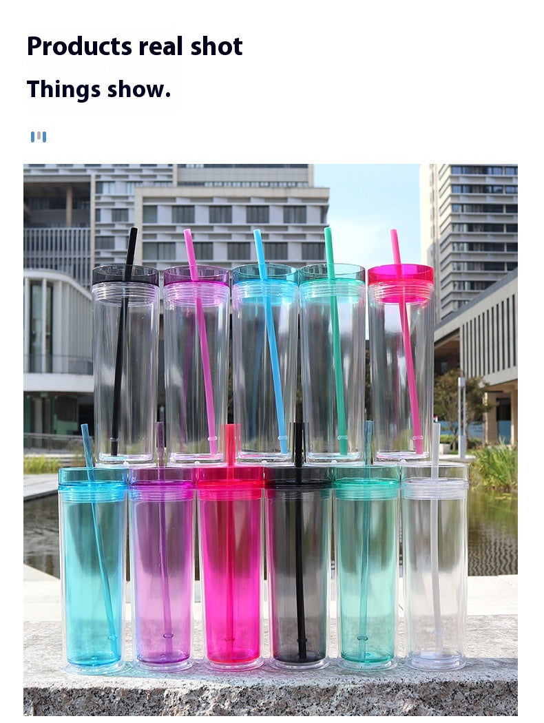 Large Capacity Double-Layer Drinkware Cup with Straw - Multiple Colors & 710ml