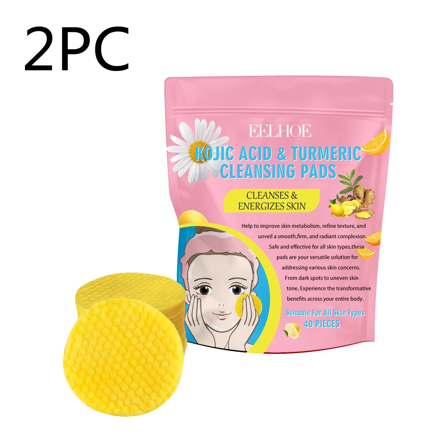 Kojic Acid Turmeric Facial Cleansing Pads Set for Skin Brightening & Acne Care