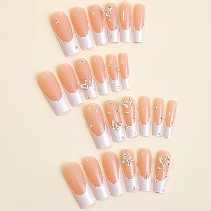 Long Square Press-On Nails - Butterfly & Diamond Design 24 Piece Set