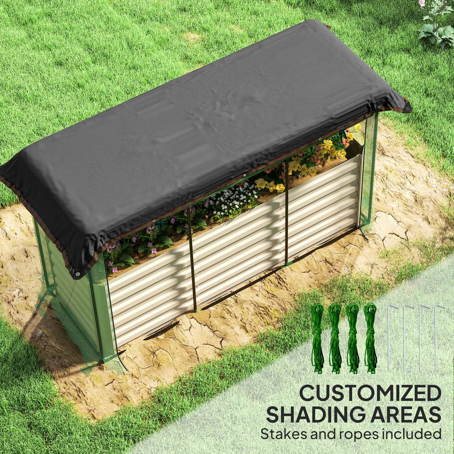 Galvanized Steel Raised Garden Bed with Crop Cage & Shade Cloth - Beige