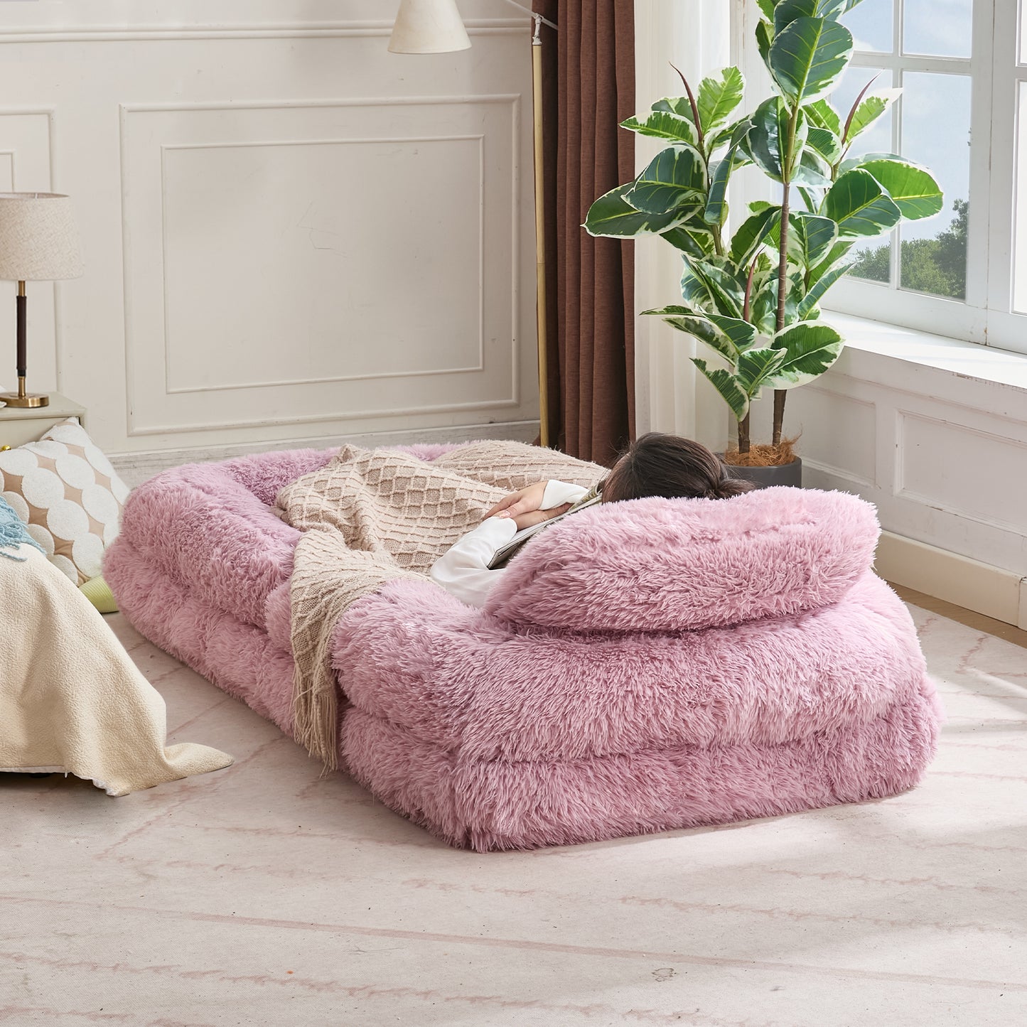 Adjustable Lazy Sofa Bed - Plush Fabric, Pink