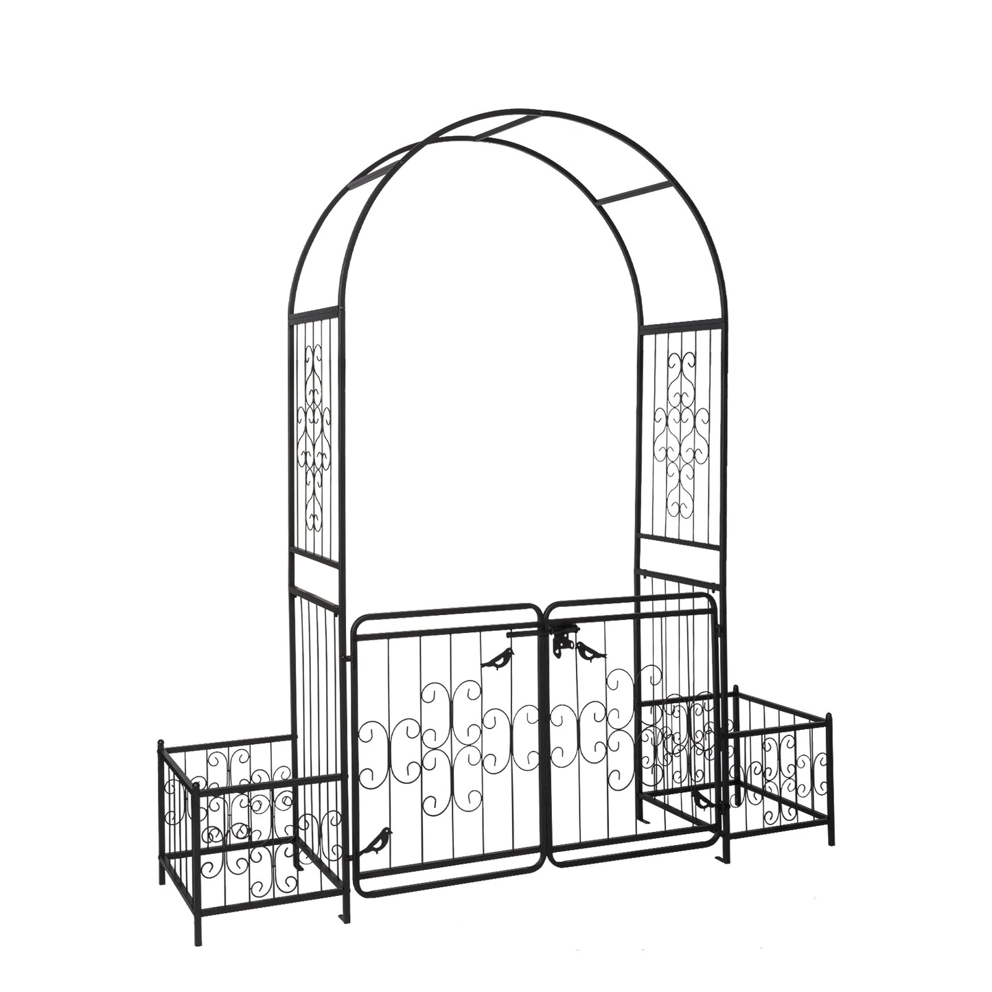 Garden Arbor Arch with Gate and Planter Box - Black Iron Support for Climbing Plants