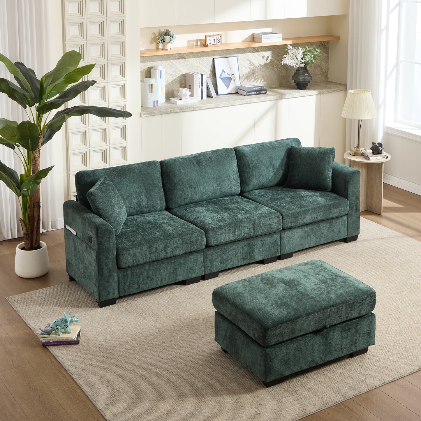 Modern L-Shaped Storage Sofa with USB Ports & Ottoman - Green