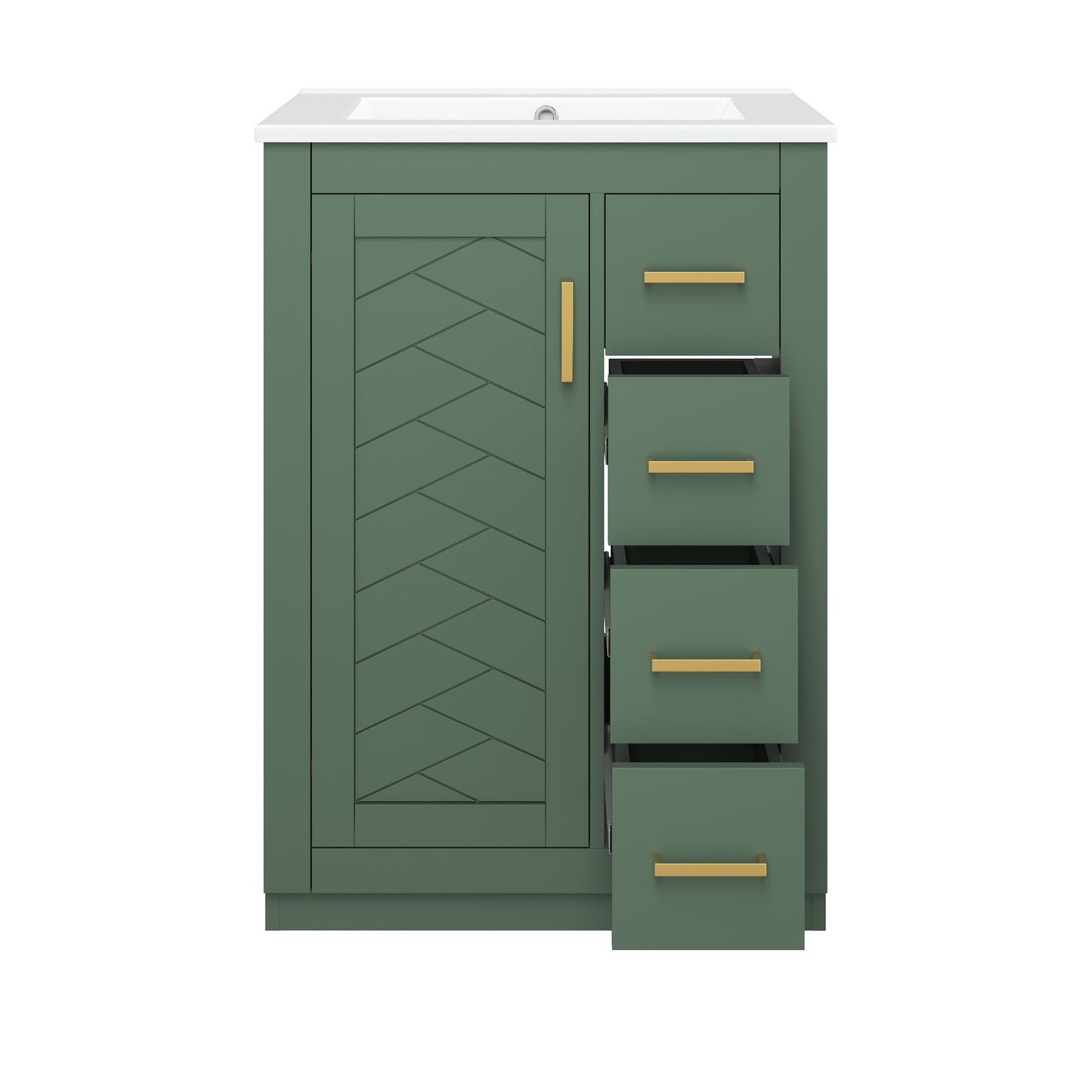 24" Green Bathroom Vanity with Integrated Ceramic Sink & 3 Drawers