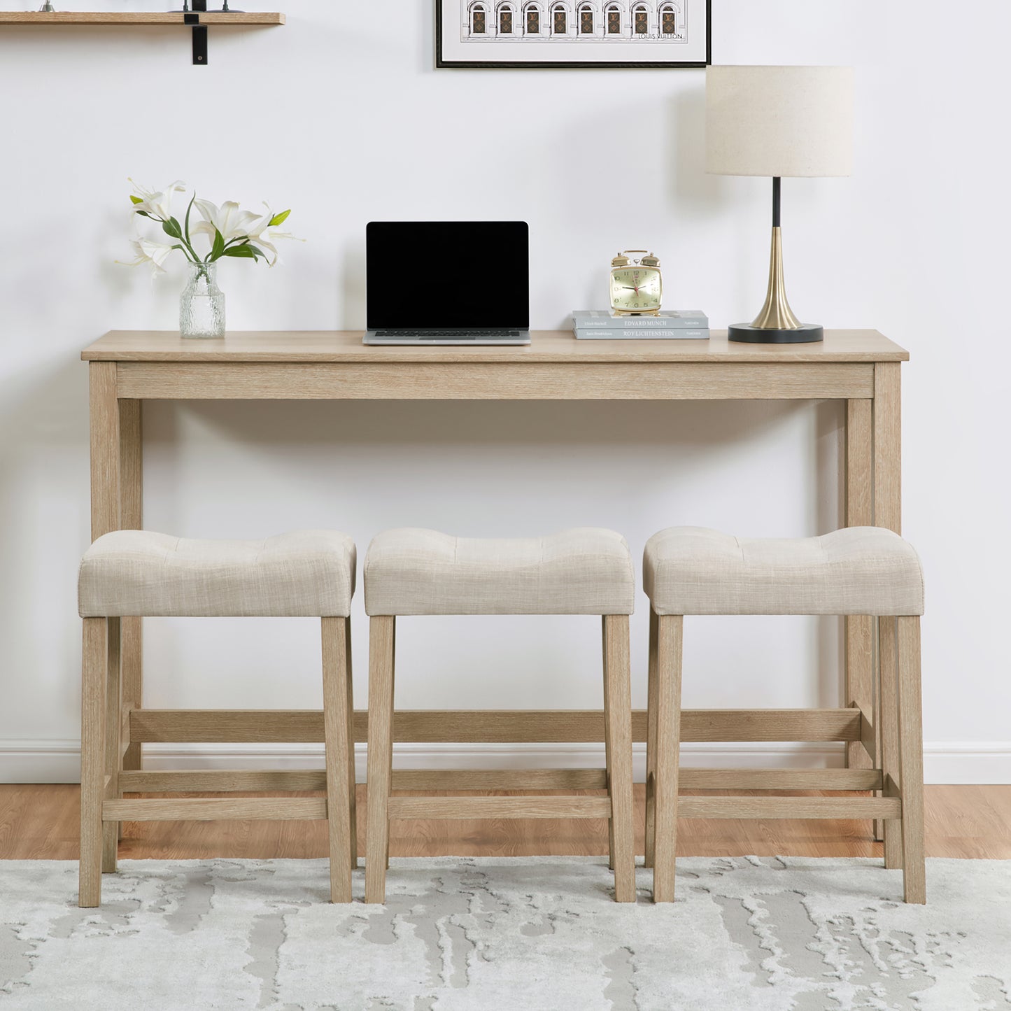 Bar Table Set with Power Outlet & 3 Stools - Light Oak