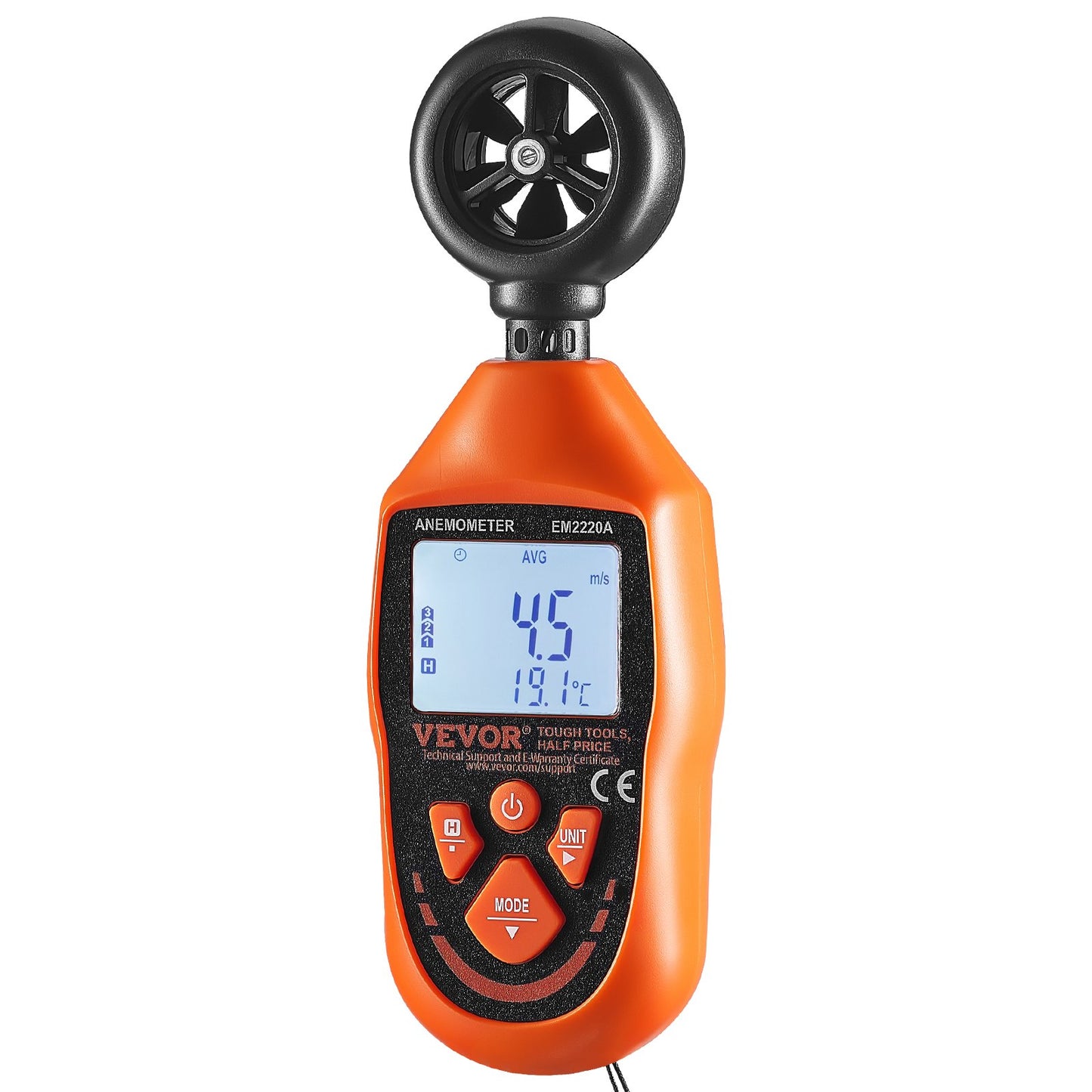 Digital Wind Speed Meter with Backlight - Wind Temperature & Air Flow Gauge - Orange