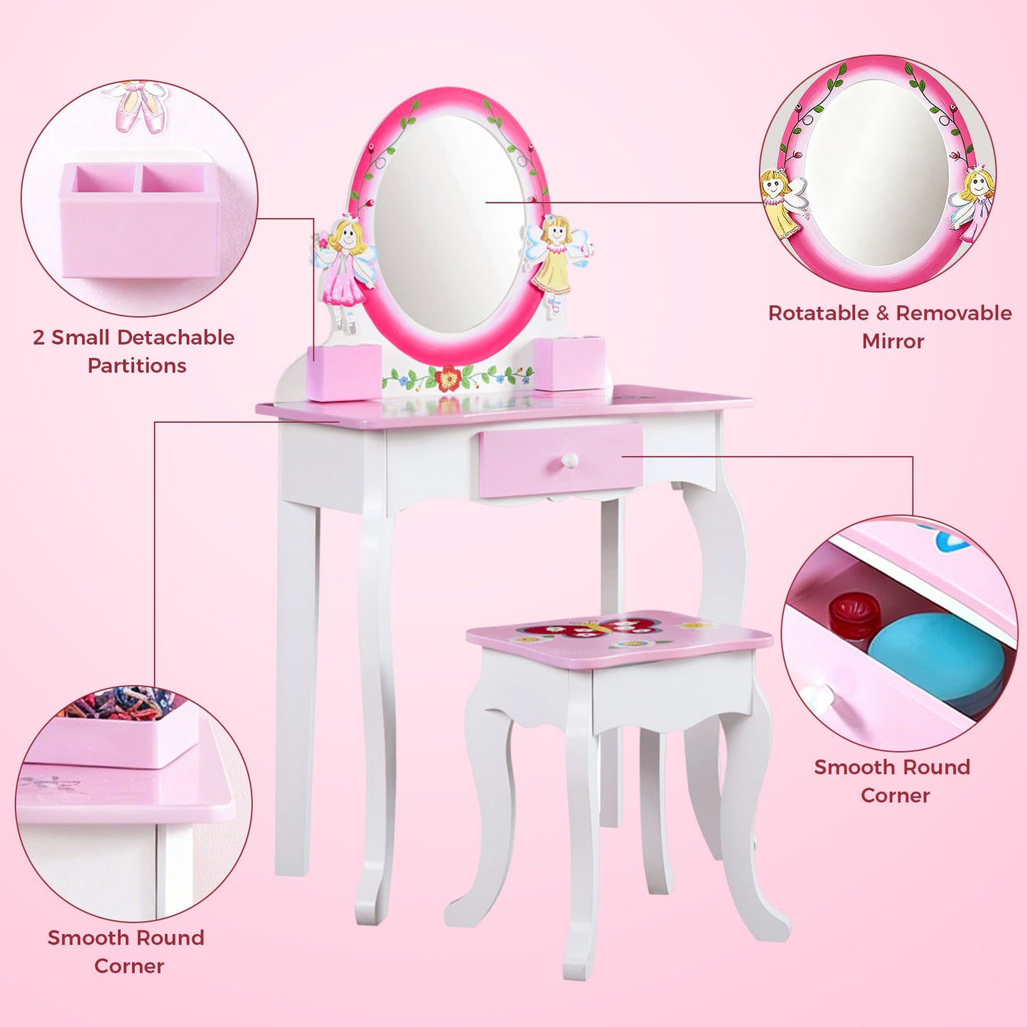Kids Vanity Set Floral Printed Wooden Makeup Dressing Princess Table