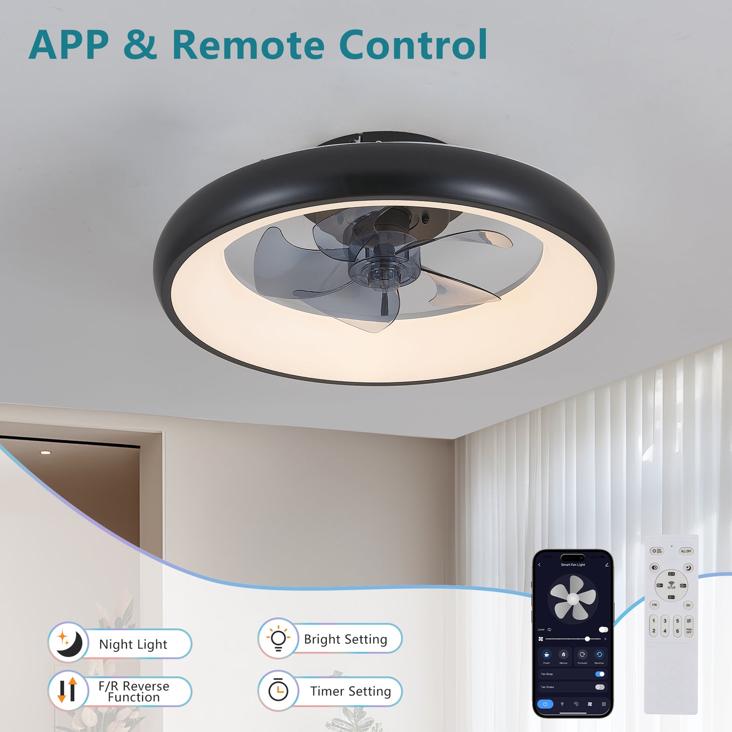 Black LED Ceiling Fan Light with Remote Control - Dimmable, 6-Speed