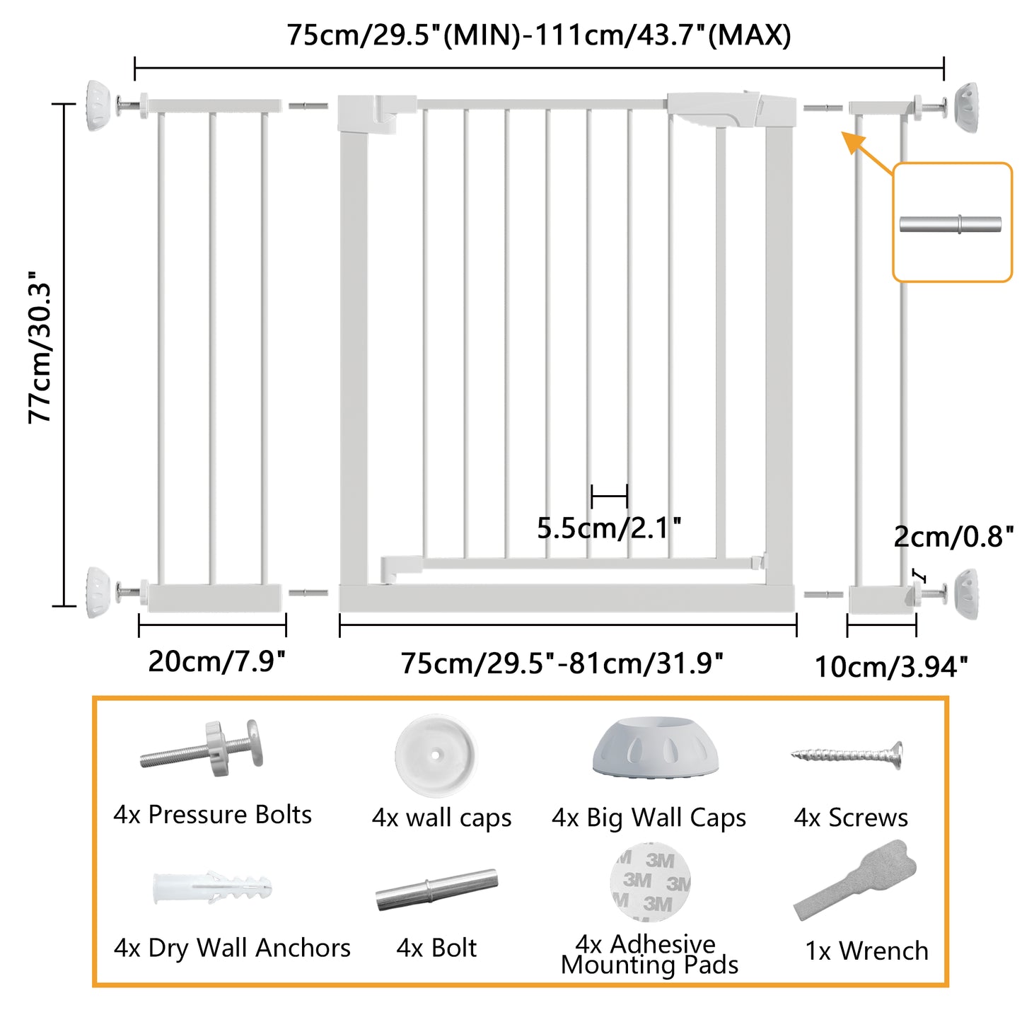 Wide Baby Gate 29.5-45.3" with Walk-Through Design - White