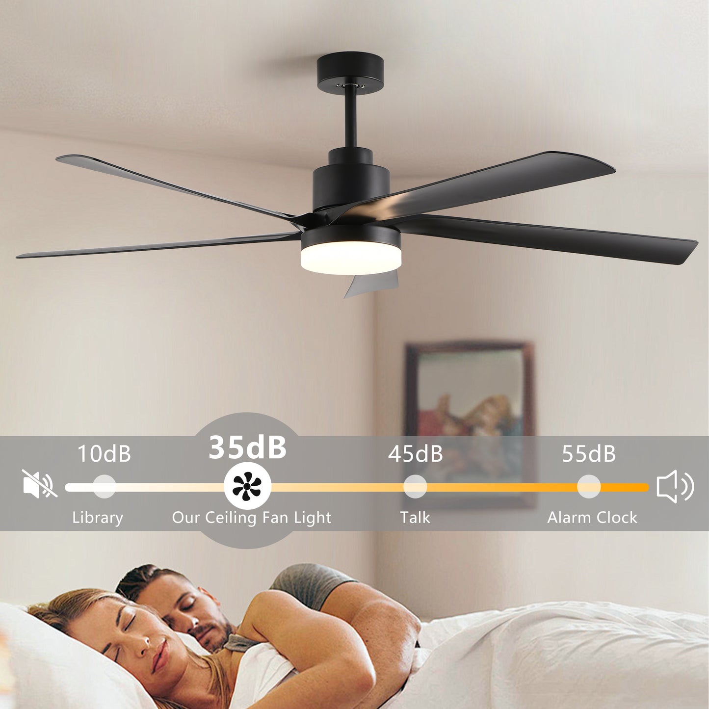 65 Inch Black Ceiling Fan with Dimmable LED Light & Remote Control
