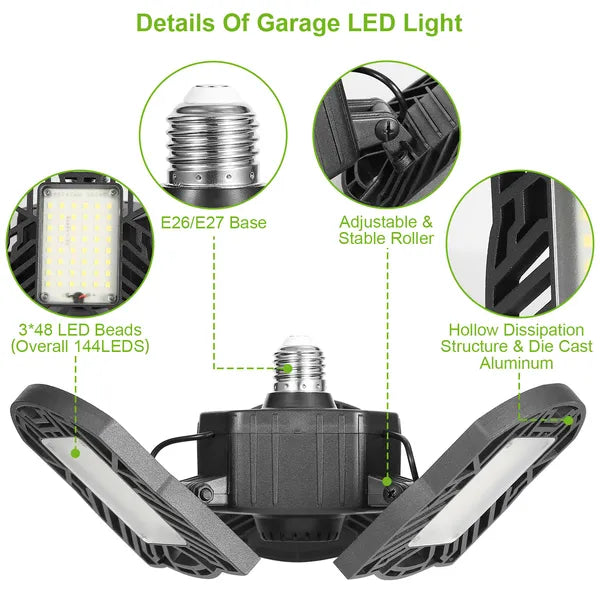 LED Garage Light 80W 7000LM Deformable Ceiling Lamp E26/E27 Workshop Lighting