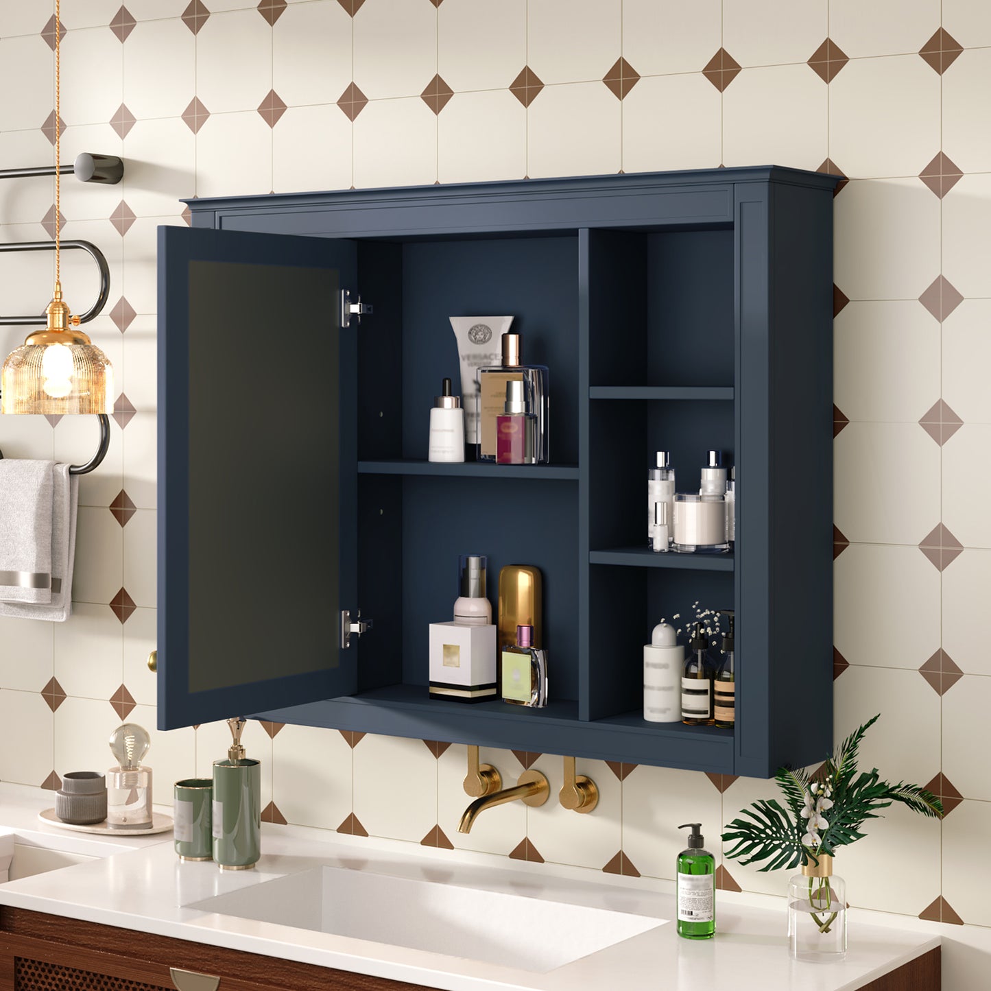 35'' x 28'' Wall Mounted Bathroom Storage Cabinet with Mirror - Blue