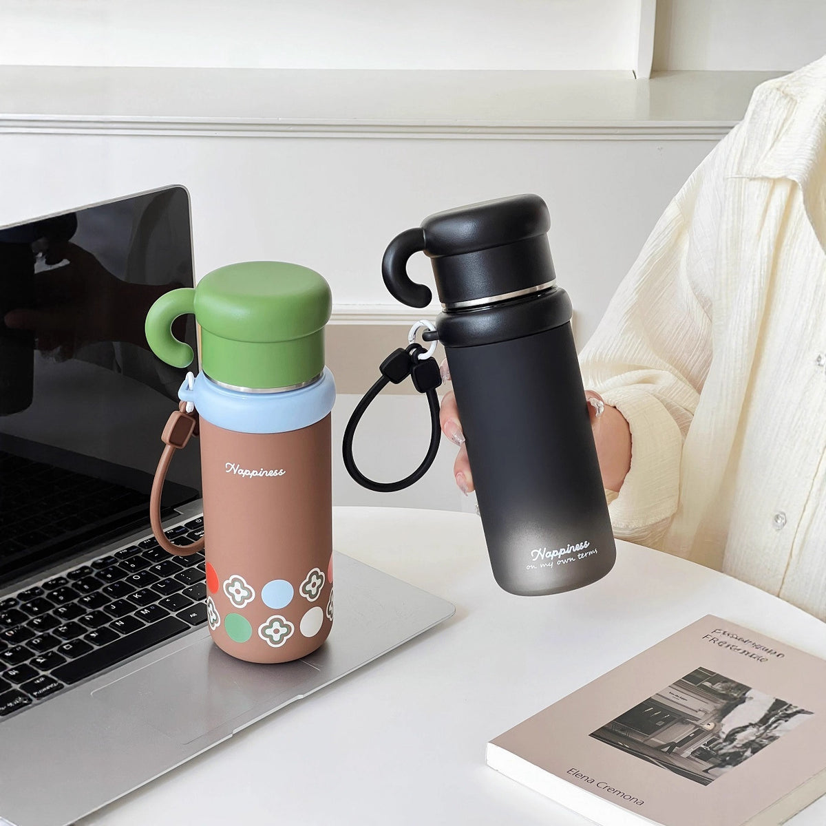 Insulated Stainless Steel Travel Cup with Carrying Strap - 500ml