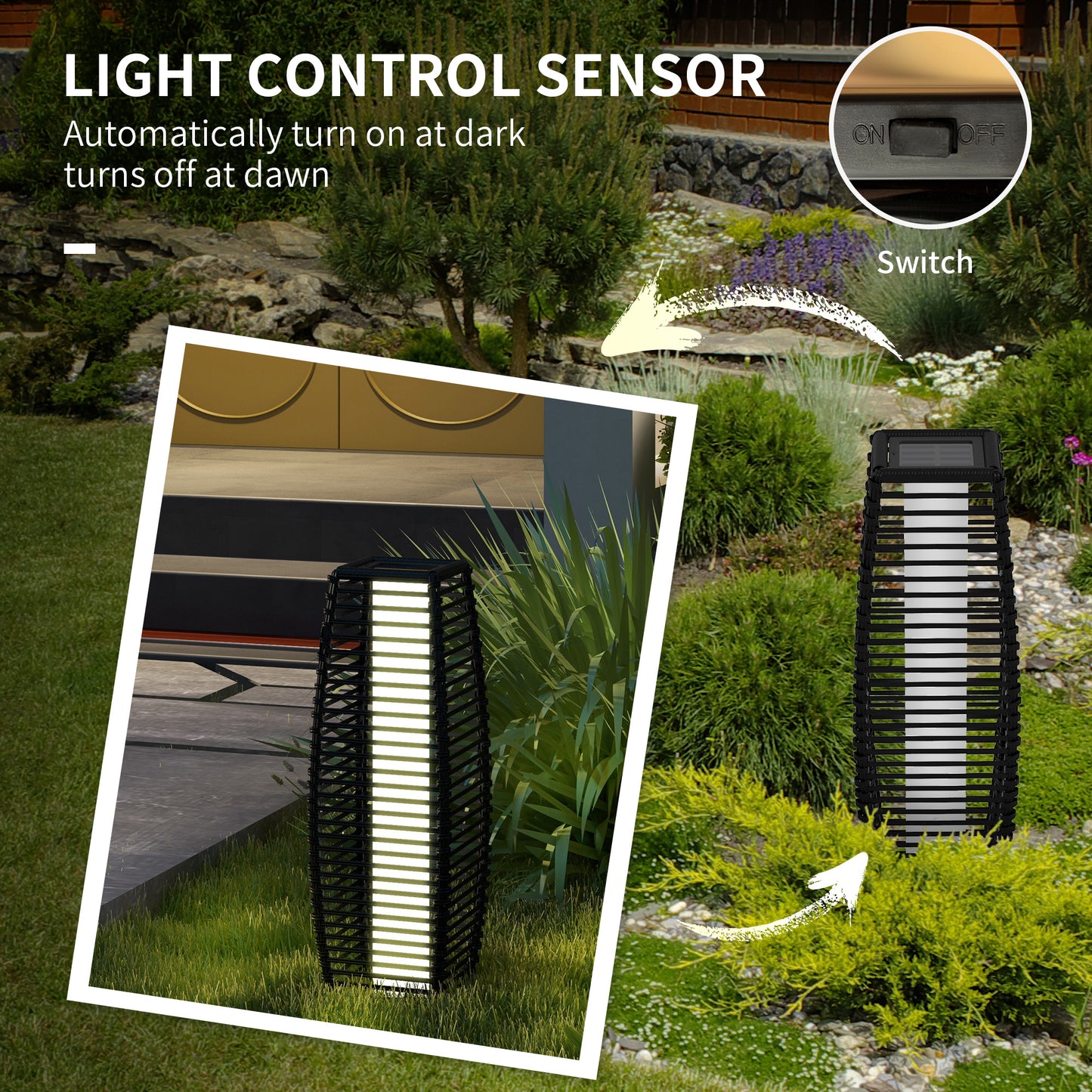 Solar Rattan Floor Lamp - Outdoor Garden Pathway Lighting, Black