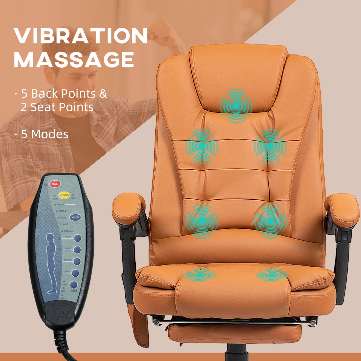 Vibrating Massage Office Chair with Lumbar Support & Footrest - Light Brown