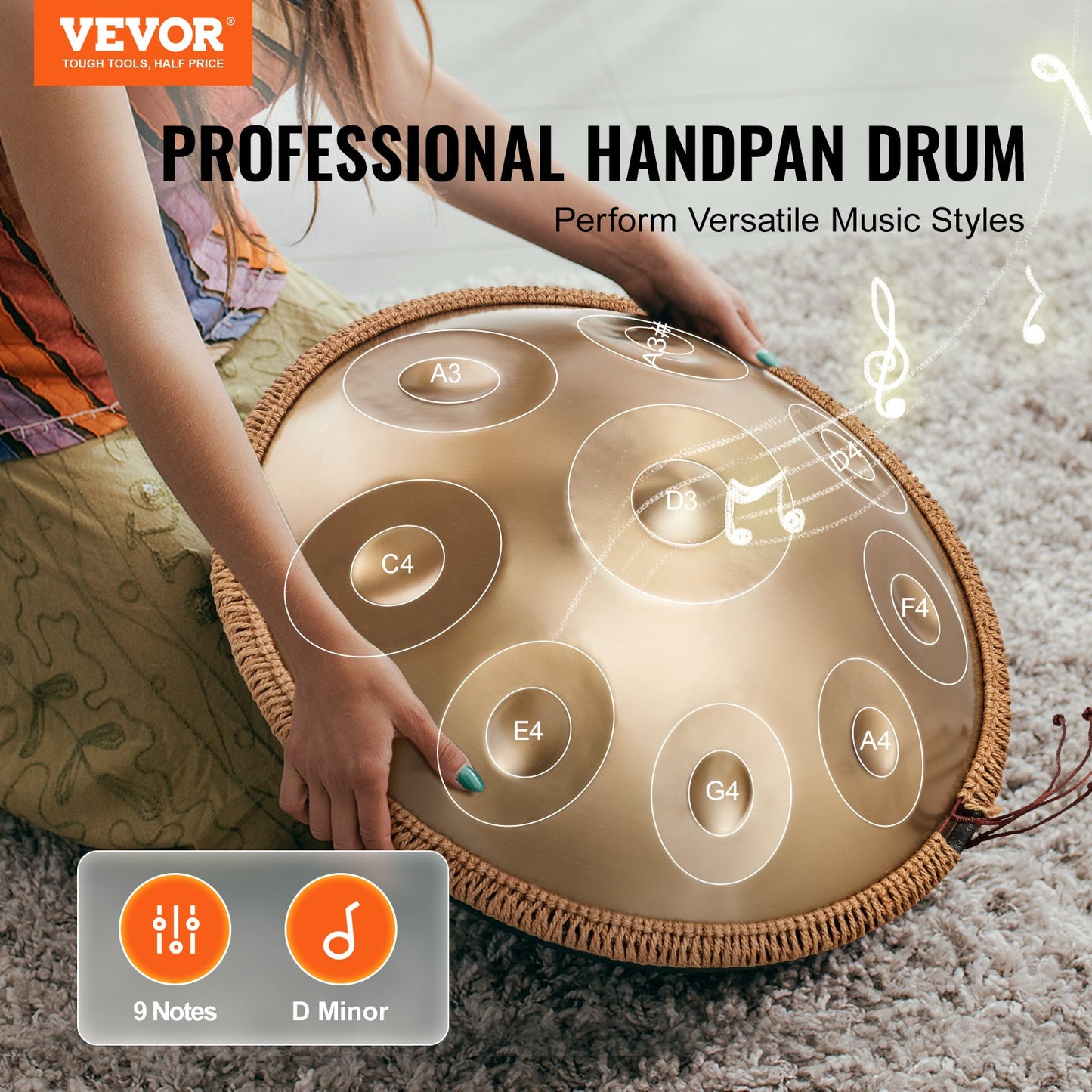 22-Inch Handpan Drum with 9 Notes in D Minor - Steel Hand Drum for Professionals and Beginners