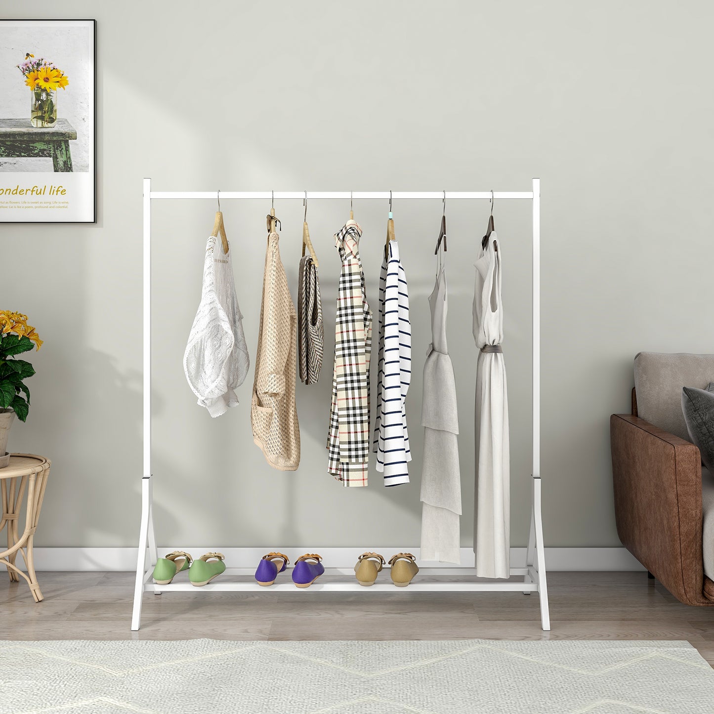 Freestanding White Garment Rack - Multi-Functional Clothing Hanger