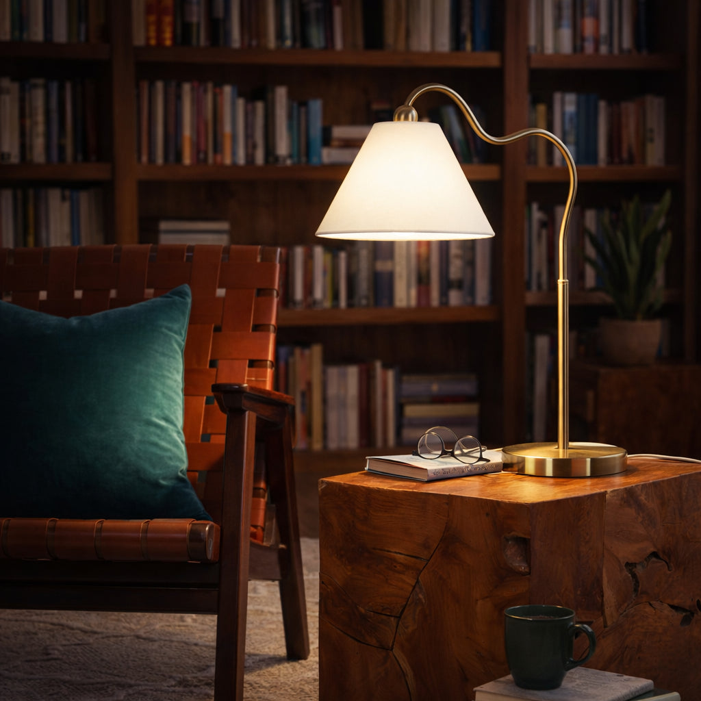 Ornate Brass Ring Base Curved Table Lamp With Triangle White Drum