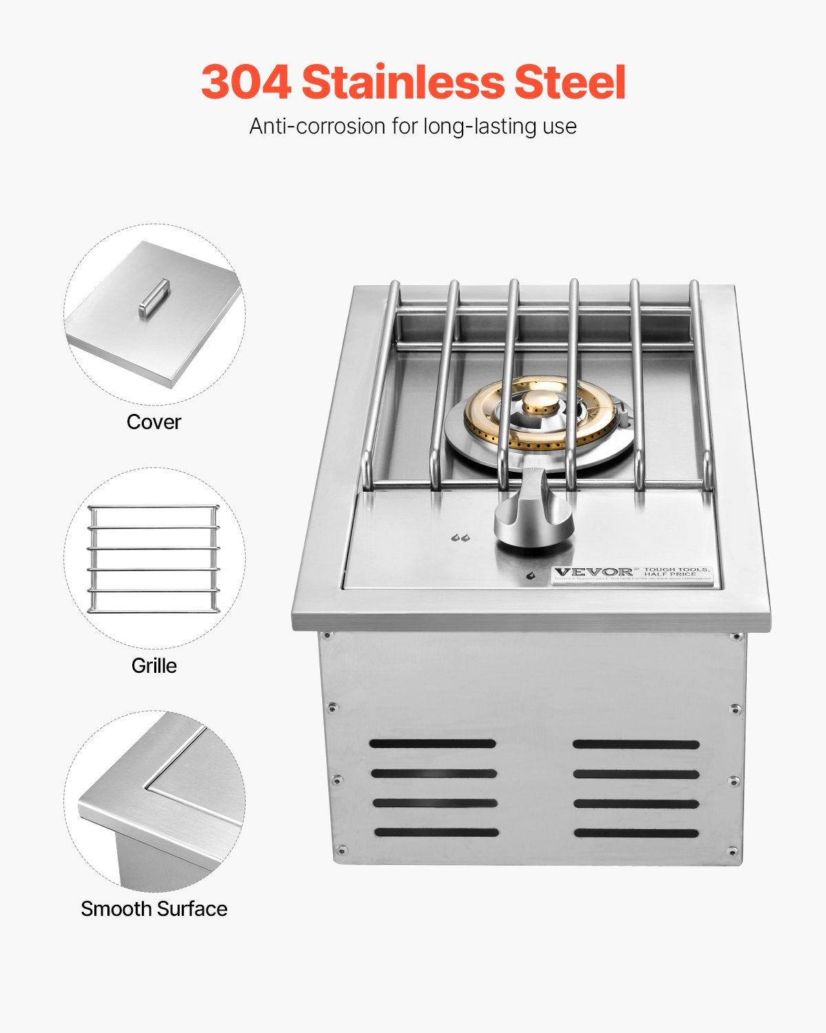 15,000 BTU Single Grilling Side Burner - Stainless Steel
