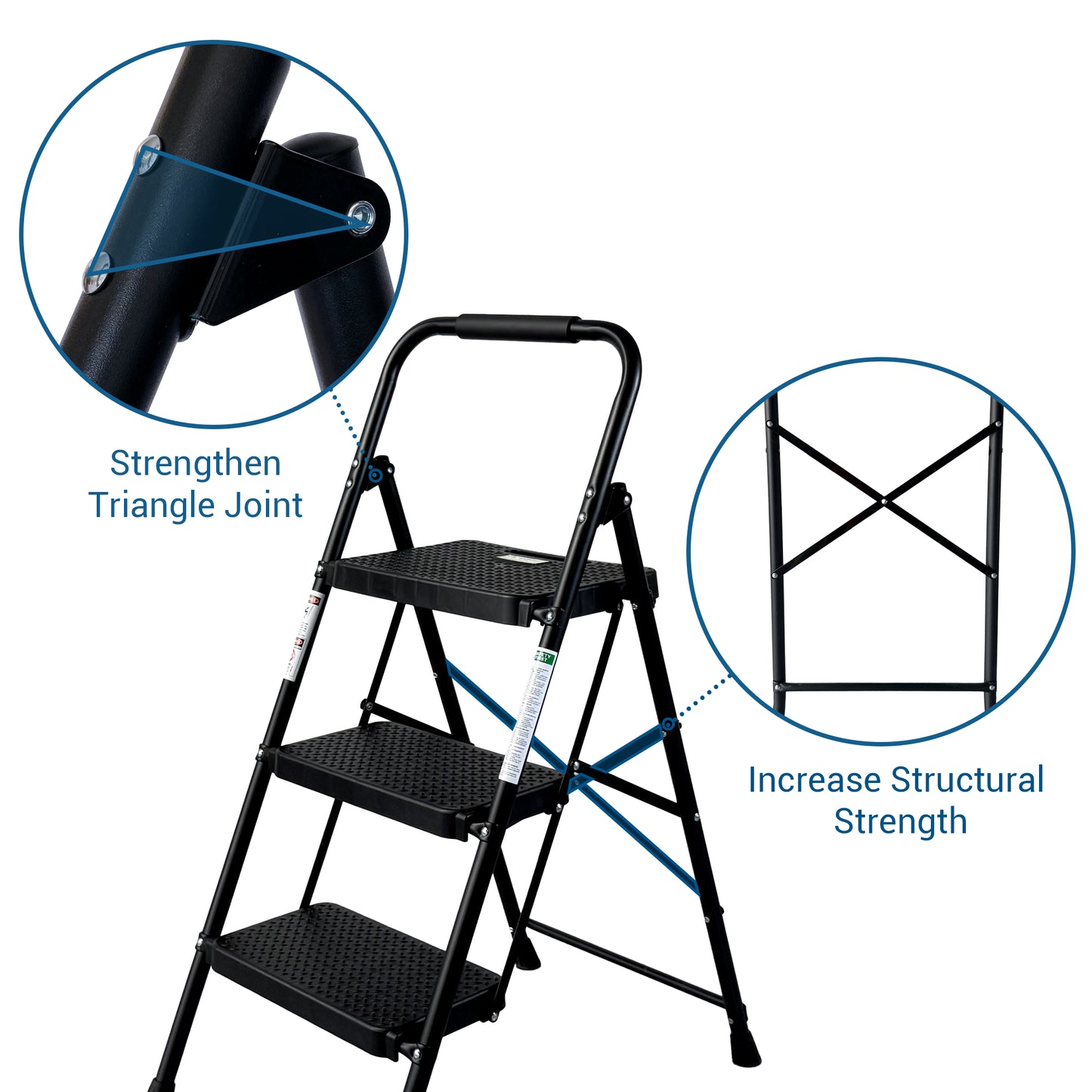 Folding Step Ladder with Anti-Slip Pedals - Portable Steel Stool, Black