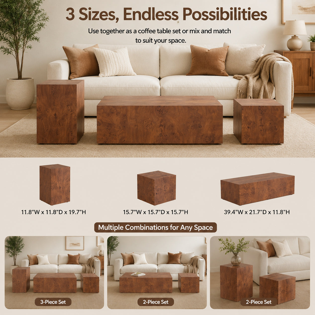 Height Adjustable Burl Walnut Veneer MDF Cube Table - 11.8"