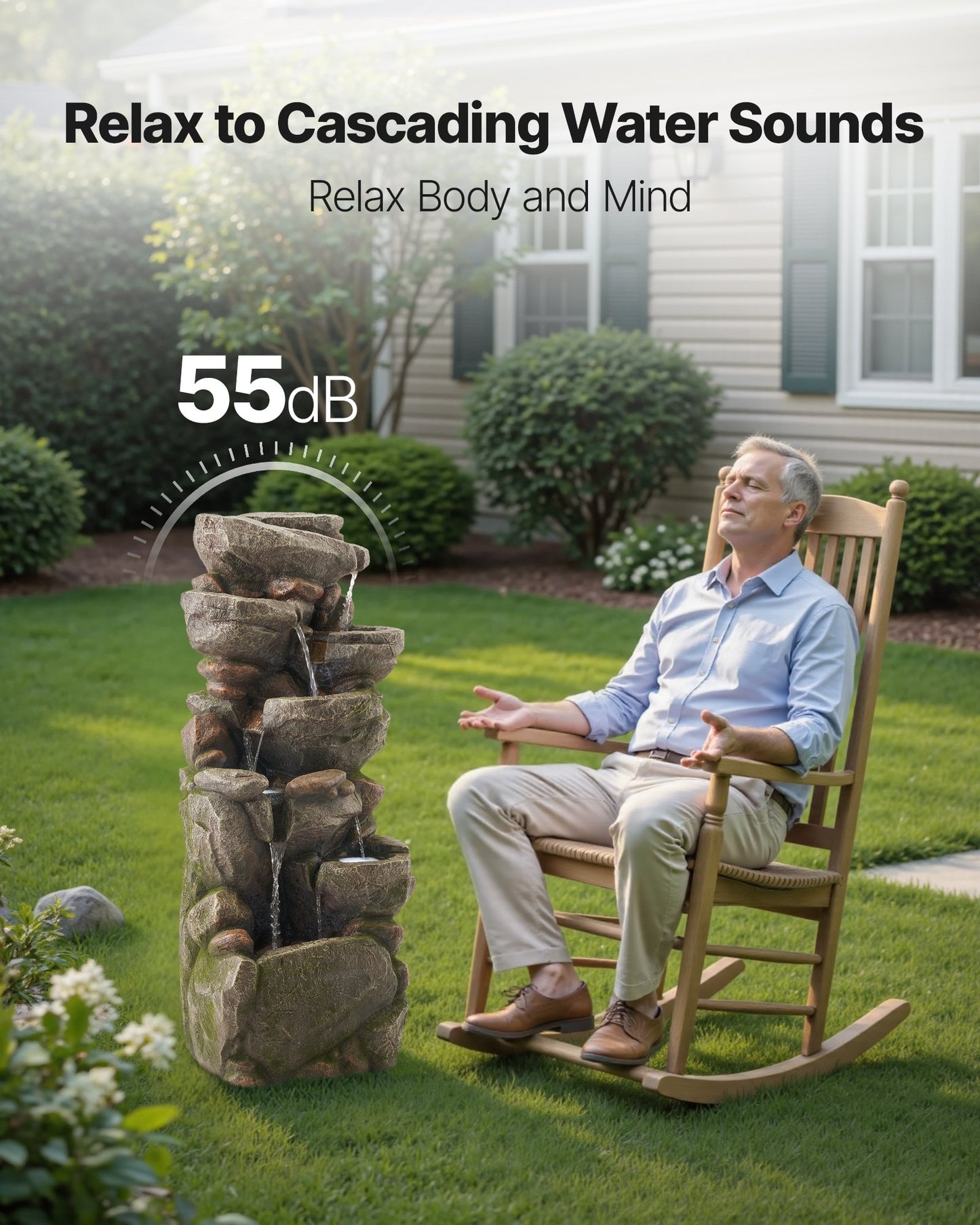 Outdoor 7-Tier Rock Water Fountain - Cascading Garden Decor with Soothing Sounds - Grey