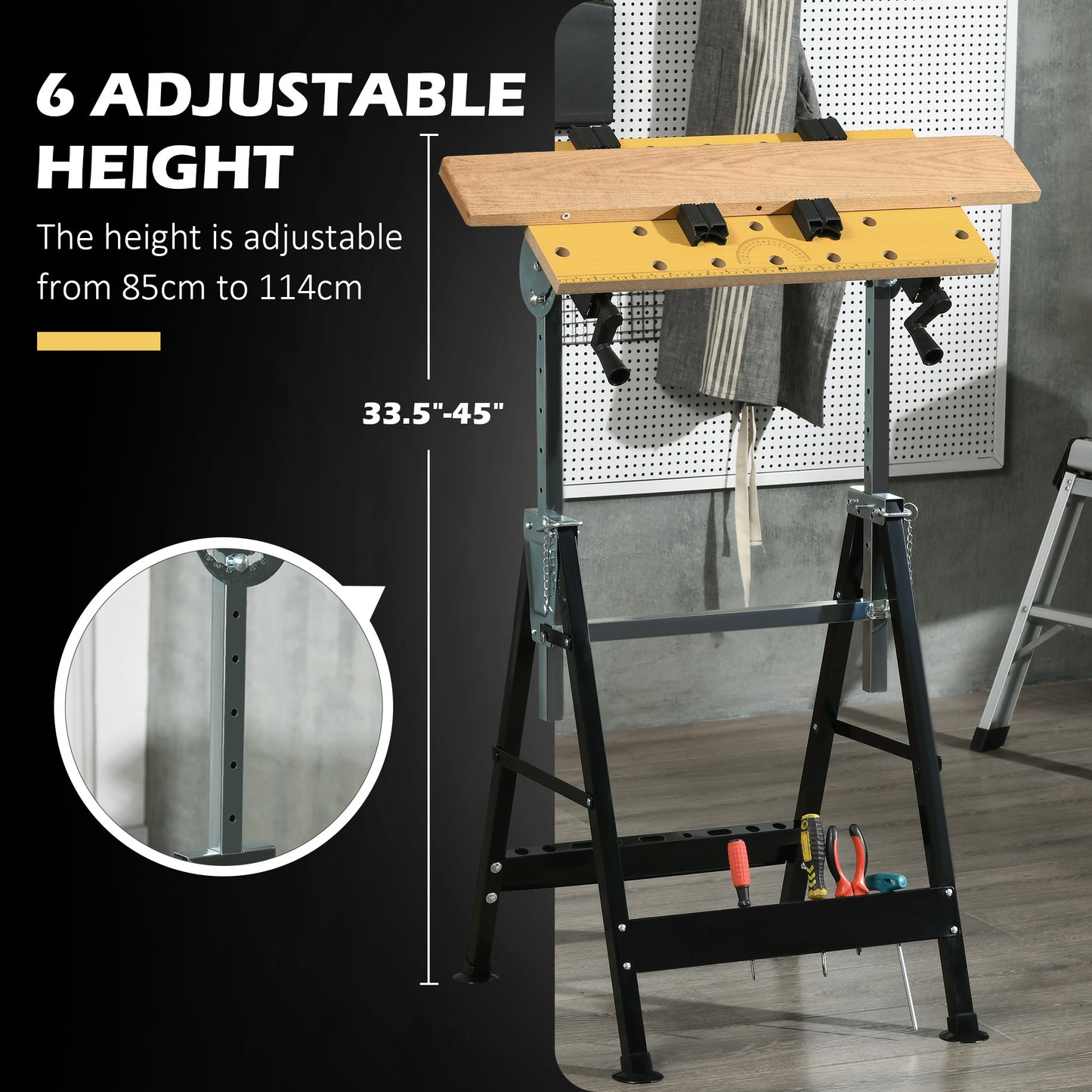 Adjustable Work Bench with Clamps & Steel Frame - Multi-Use Garage Table