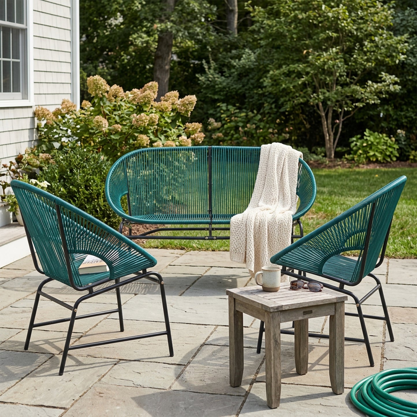 NUSA OUTDOOR PATIO WICKER 3-PCS CHAT SET, TEAL PE RATTAN & IRON FRAME