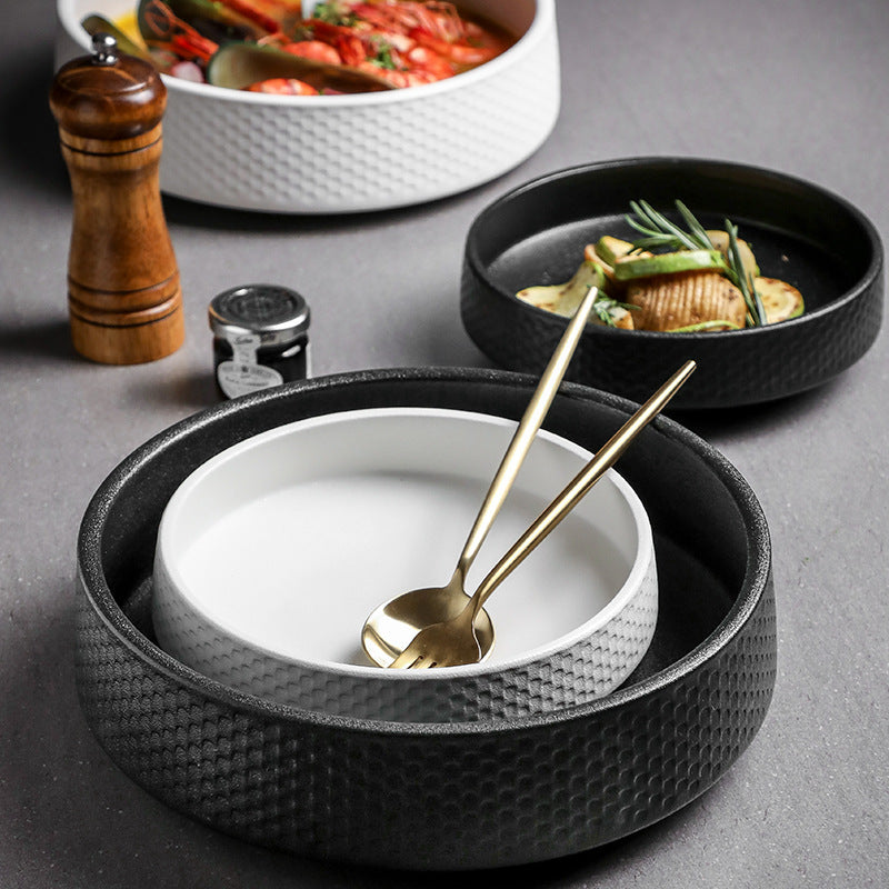 Large Ceramic Soup Bowl Set - Household Kitchen Dinnerware, Frosted White & Black